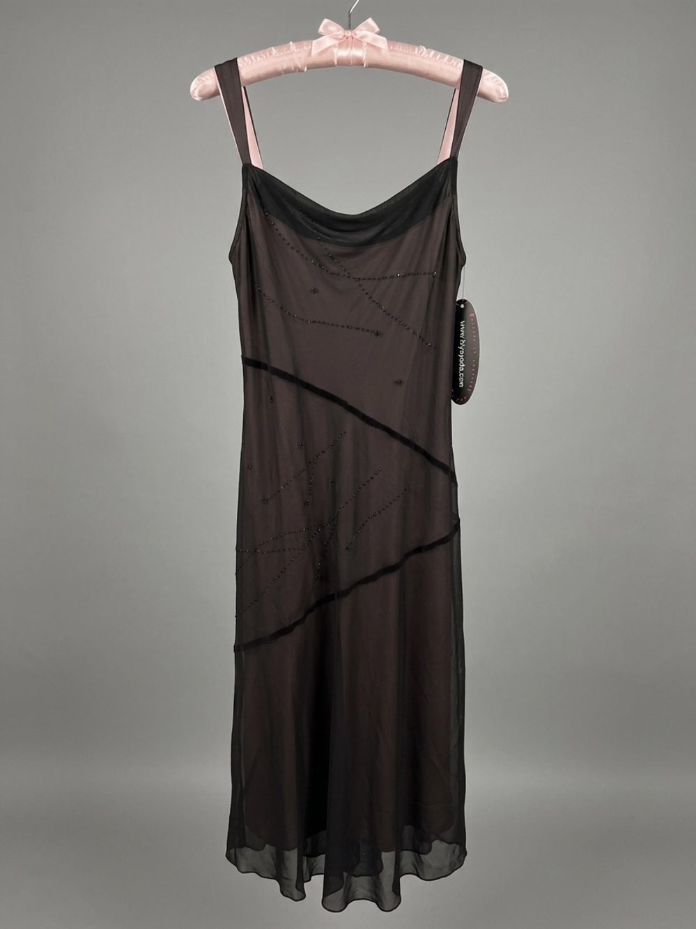 Vintage Believe Pink Lining Black Overlay Asymmetrical Beaded Dress Sz.10 Fairy